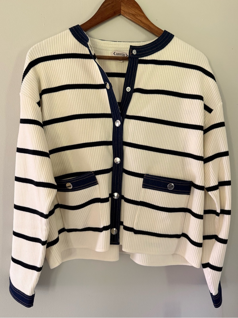 Nanette Lepore Striped Ribbed Cardigan Jacket L Denim Trim NWT $128